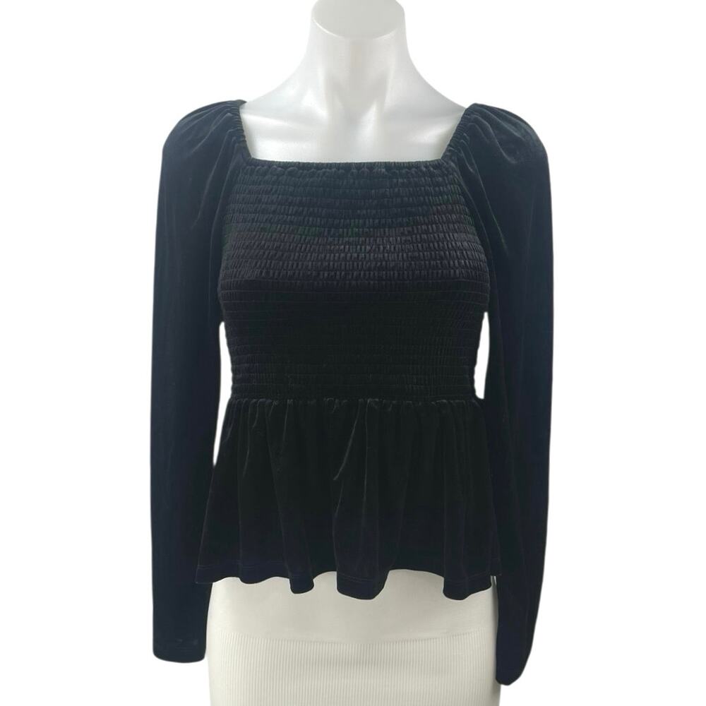 Gap Women's Black Long Sleeve Smocked Square Neck Peplum Blouse Top Size M